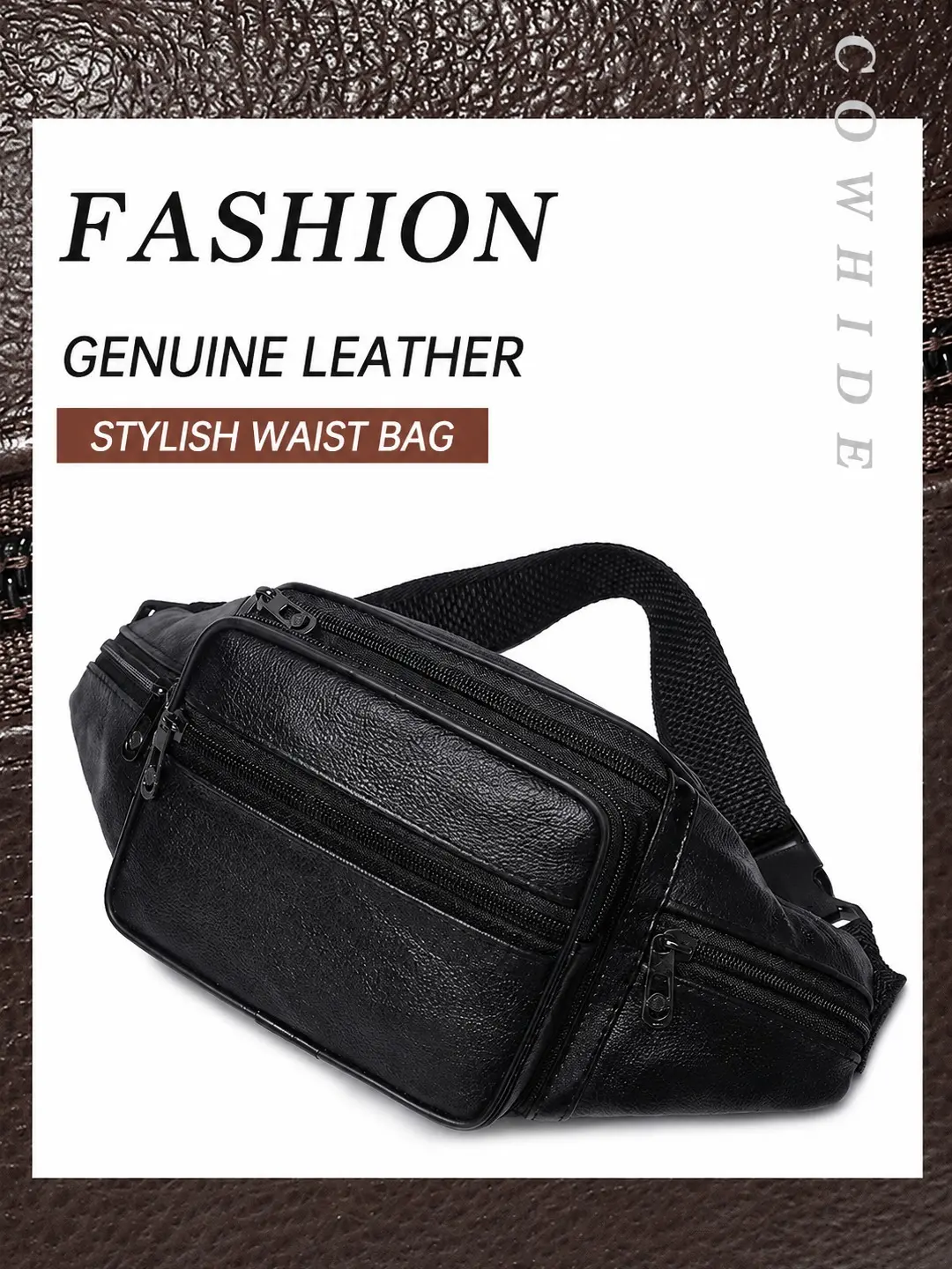 GOODBEE Men's Genuine Leather Belt Bag - Retro Soft Cowhide Sling Crossbody Chest Bag with Multiple Zip Pockets, Waterproof Plain Design for Travel & Everyday Carry