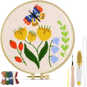 Punch  Kits, DIY Punch Embroidery Kits for Adults Beginner, Tool with Punch  Fabric, Hoops, Yarns and Sewing  (Set F)