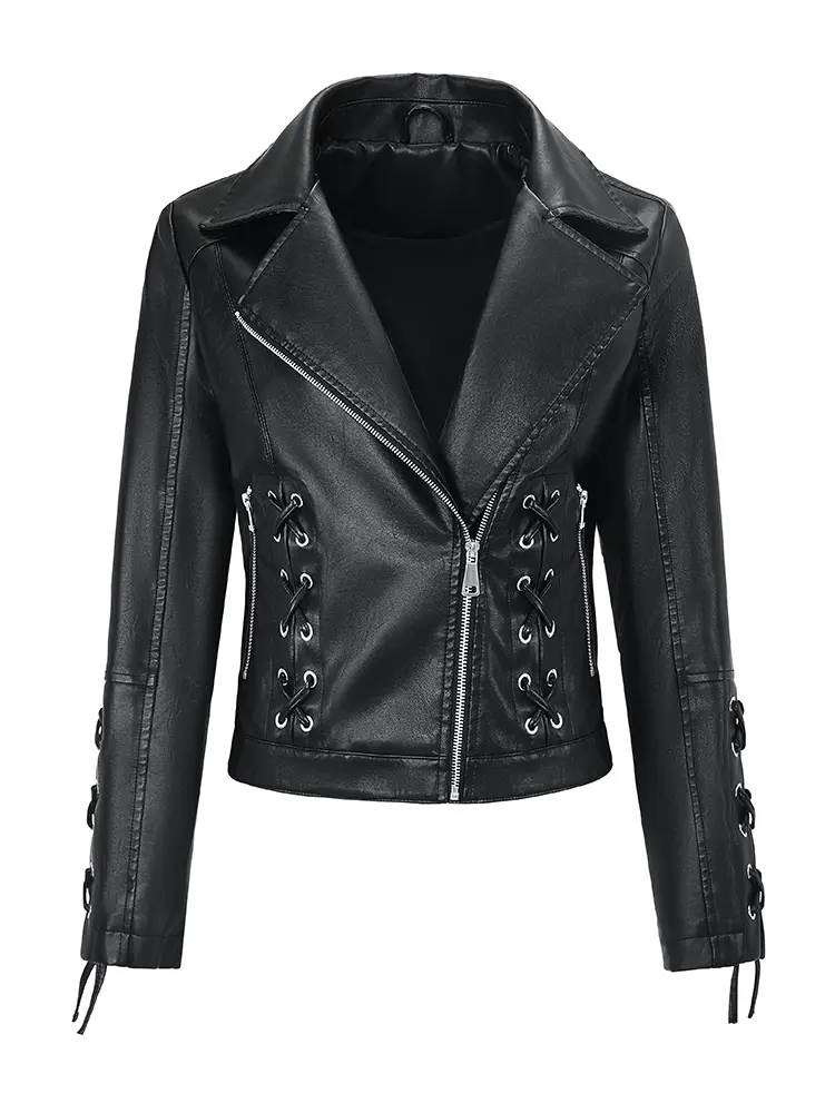 Women’s cropped PU leather biker jacket with a turn-down collar, slant zipper closure, decorative straps, and studded details; slim fit, cool street style; punk-inspired short jacket for spring and autumn.