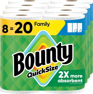 Bounty Quick Size Paper Towels White 8 Family Rolls Equal 20 Regular Rolls Kitchen Pack Absorbent Messes & Spills Wipes 117 Sheets Per Roll