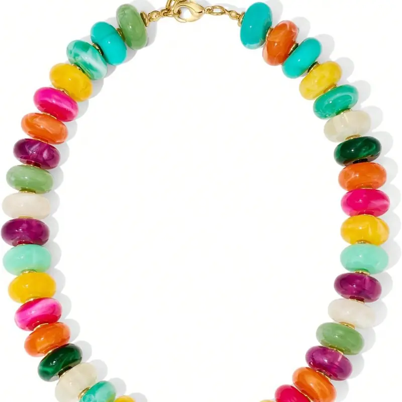 1pc Bohemian Multicolor Chunky Beaded Necklace For Women, Vibrant Bead Necklace, Oval Acrylic Bead Chain Necklace, Statement Choker Jewelry, Colorful Summer Beach Vacation Necklace, Y2K Tropical Party Accessories, Boho Style Necklace
