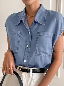 Women's Soft Modal Denim Sleeveless Shirt, Summer Lightweight Collared Top, Vintage Washed Double Pocket, Casual Breathable Fashion