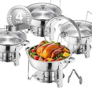 Stainless Steel Chafing Dish Buffet Set - 4-Pack 5 Qt Bakeware, Full-Size Pans, Glass Lids, Water Pans, Folding Stands, Fuel Holders, Round Catering Warmers for Weddings, Banquets