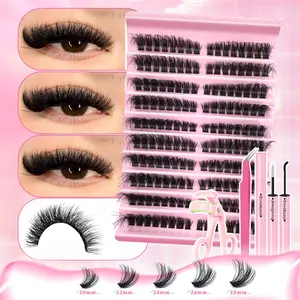 160pcs 80D Fluffy Clusters Eyelashes Kit, Portable Travel Lash Kit Mixed Length 8-16mm, Dense Cat Eye DIY Home Use, Includes Glue & Seal, Diy False Eyelashes, Eyelash Set