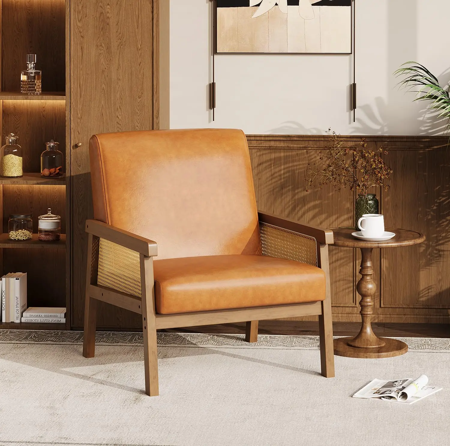 Rattan Accent Chair, Linen Armchair, Upholstered Reading Chair with Wooden Frame and High Back, Leisure Chairs for Waiting Room Reception