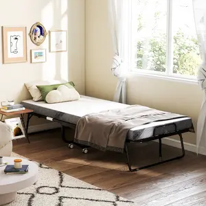 Portable Folding Long Twin Size Bed with 4" Foam Mattress, Space-Saving Steel Frame, 79"x35", Roll-Away Hideaway Design for Adults, White (Camping & Hiking Sleeping Gear)