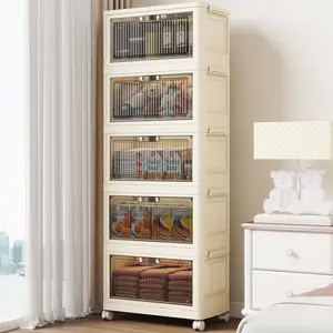 5 Tier - 34QT Storage Bins with Lids, Collapsible Storage Bins with Doors and Wheels, Plastic Storage Cabinet for Easy Storage and Organization for Living Room, Office