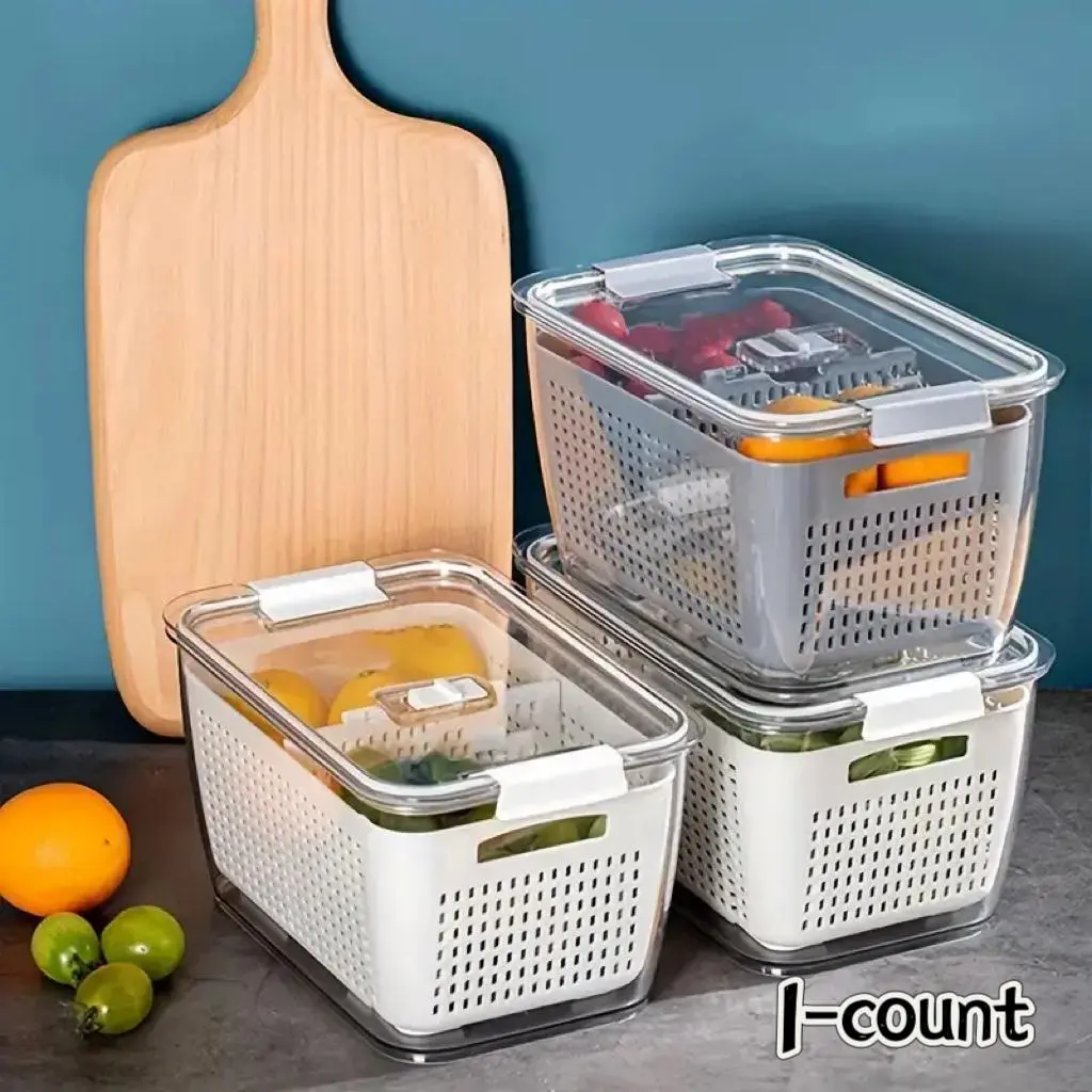 Food Storage Box, 1 Count Compartment Covered Drain Basket, Food Storage Container for Fruit & Vegetable, Fridge Organizer, Refrigerator Storage, Kitchen Storage Organizer