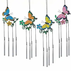 4-piece set of diamond painting kit, wind pipe, wind chimes, butterfly pattern acrylic material, single-sided 5D with round crystal wind chimes, suitable for car interiors, family bedrooms, windows, gardens and garden spring decoration, Embroidery Set