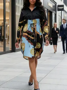 Plus Size Women's Patchwork Chain Print Shirt Dress, Button Front Collar Top + Vintage Pattern Skirt, Casual Fashion Spring & Fall