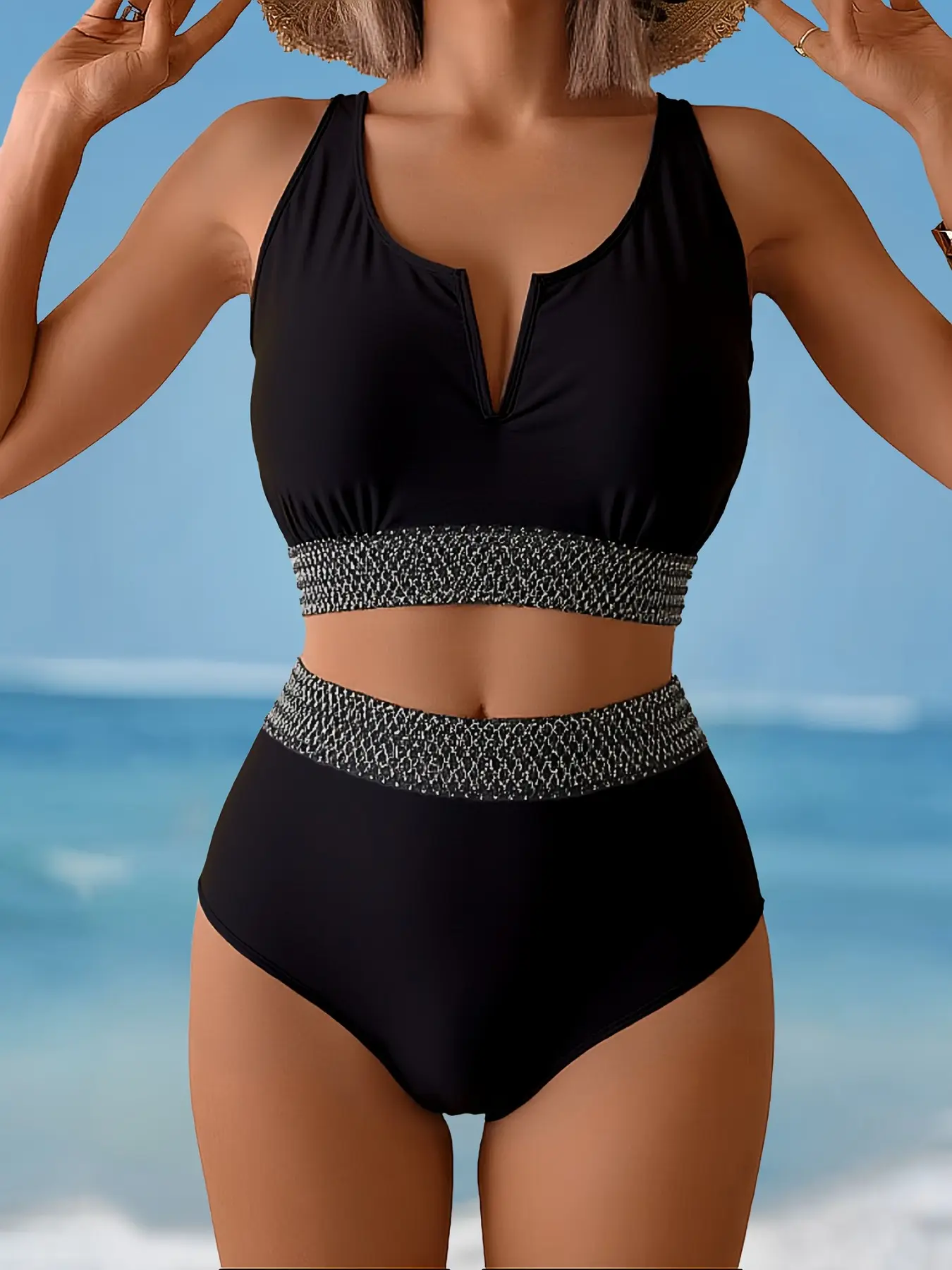 Plus Size Bikini Two-Piece Set, V Neck Wide Shoulder Top, High Waist Butt Lifting Bottoms, Color Block Slimming, Pool Party Style, Valentine's Day, Bikini Swimsuits, High Waisted Swimsuit