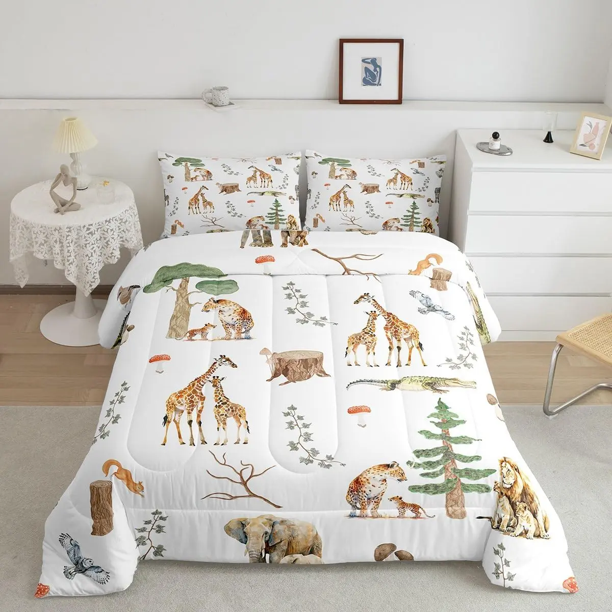 Nursery Jungle Animals Comforter Set,Yellow Giraffe Elephant Bedding Set Safari Animals Comforter Safari Adventures Duvet Set