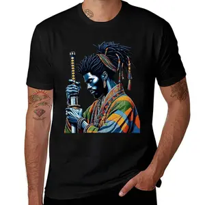 US Afro American Samurai Mens T Shirts Cotton Short Sleeve T-Shirt Crew Neck Tees Casual Shirt