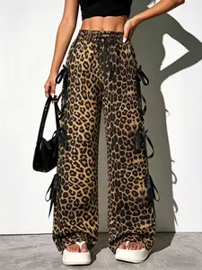 Women's Leopard Print Bow Drawstring Sweatpants, Fashion Casual Comfortable Daily Wear Long Pants, Spring Summer Women's Clothing