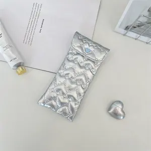 Silver Color Small Heart Storage Bag, Portable Soft Sunglasses Eyeglass Pouch, Travel Organizer, Multi-Purpose Cable Line Holder, Gift