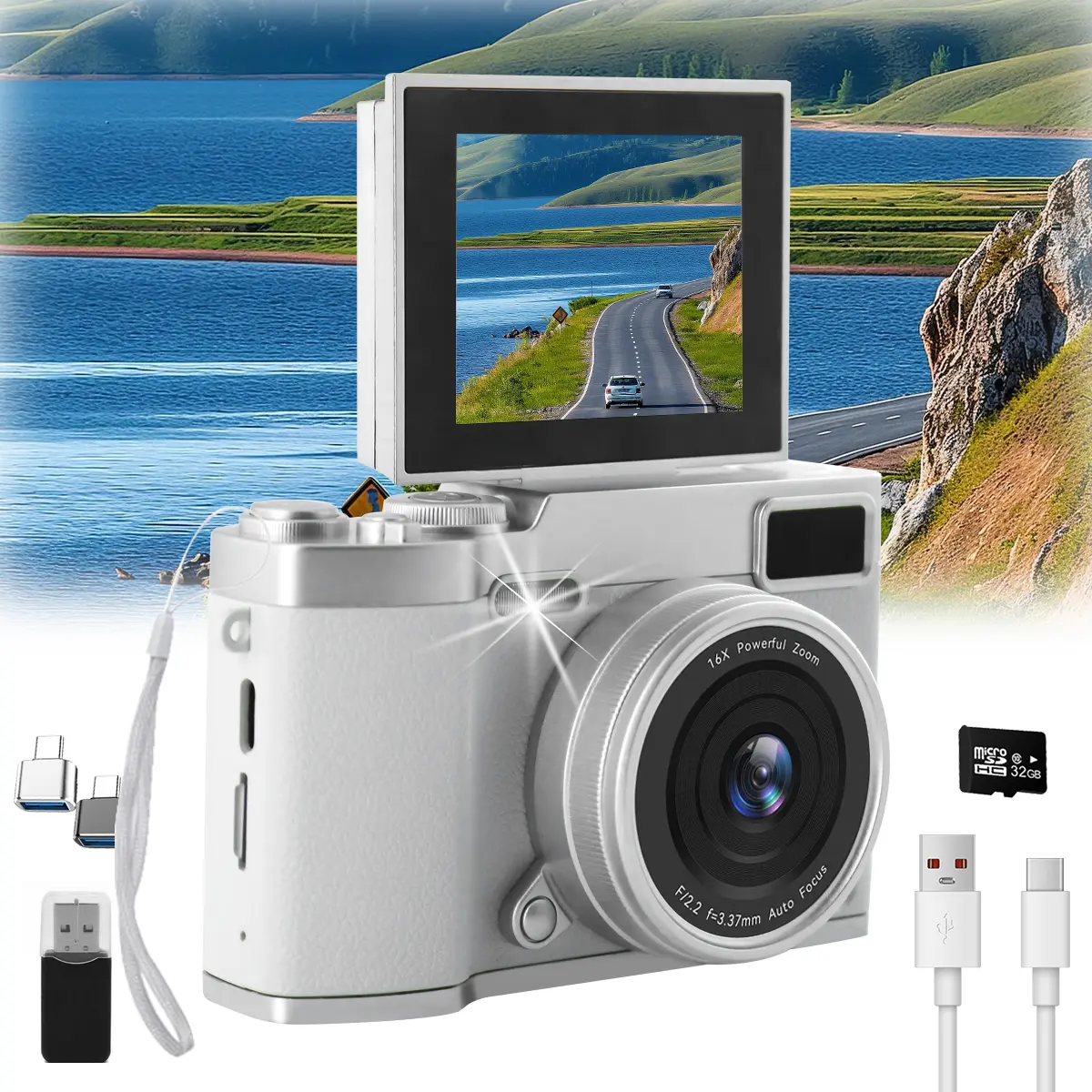 Retro CCD Digital Camera - 48MP Vlogging Camera with LED Fill Light, 16X Zoom & Beauty Mode - Compact Point and Shoot Camera with 32GB Card for TikTok/Instagram (Black)