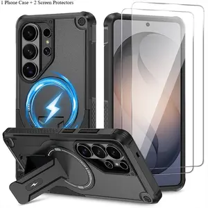 Phone Case - 3pcs [1 Phone Case with 2X Clear Screen Protectors] Protective Matte Magnetic Bracket Holder Phone Case for Samsung S26 Ultra S26 S25 FE S24 Ultra A56 5G A55 A35 A35 A37 A57 with Invisible Kickstand