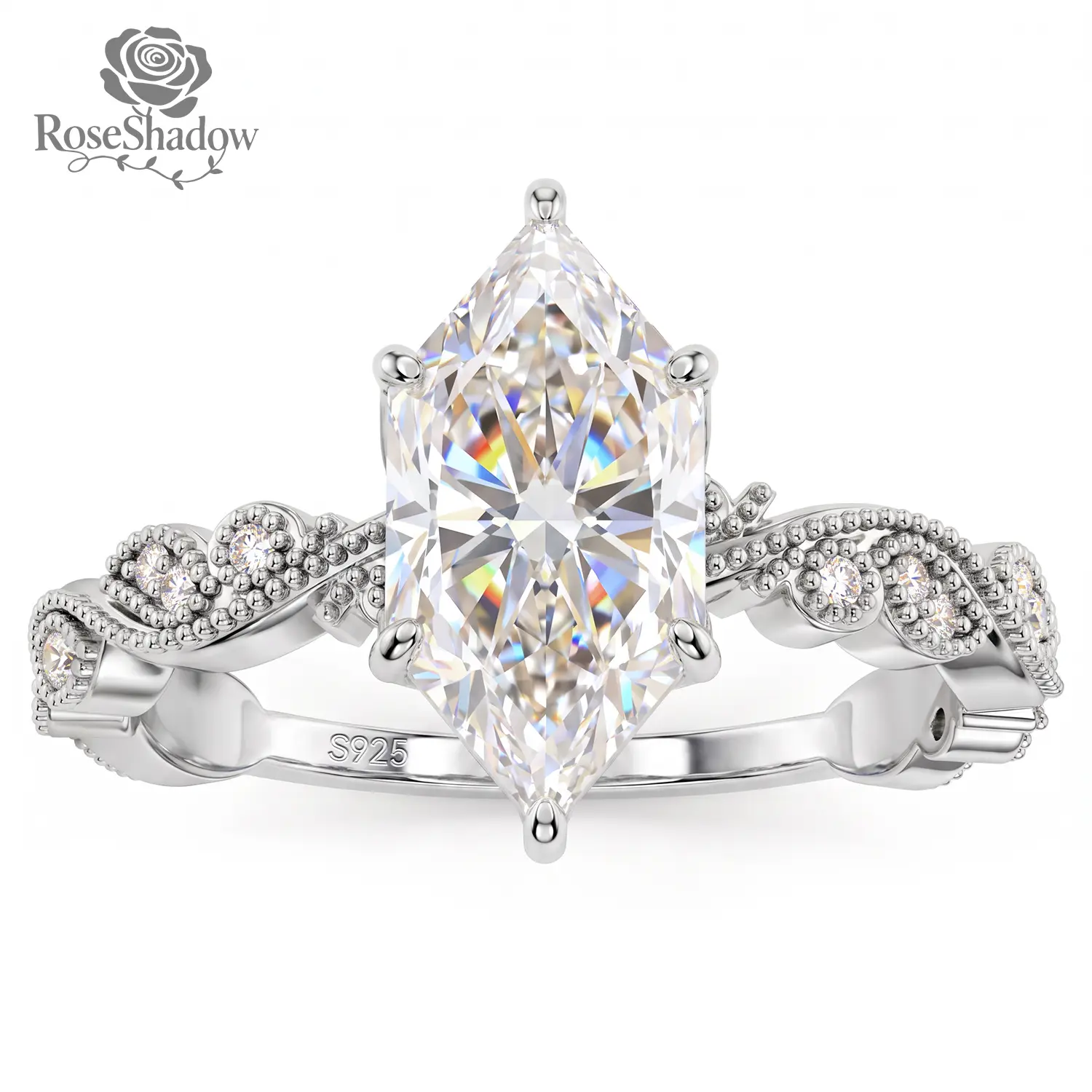 ROSESHADOW 2.5CT Dutch-Marquise Cut Moissanite Engagement Ring for Her Handmade Cut Vintage style Synthetic Moissanite 14K Gold Plated 925 Sterling Silver Perfect Wedding Promise Gift for Women
