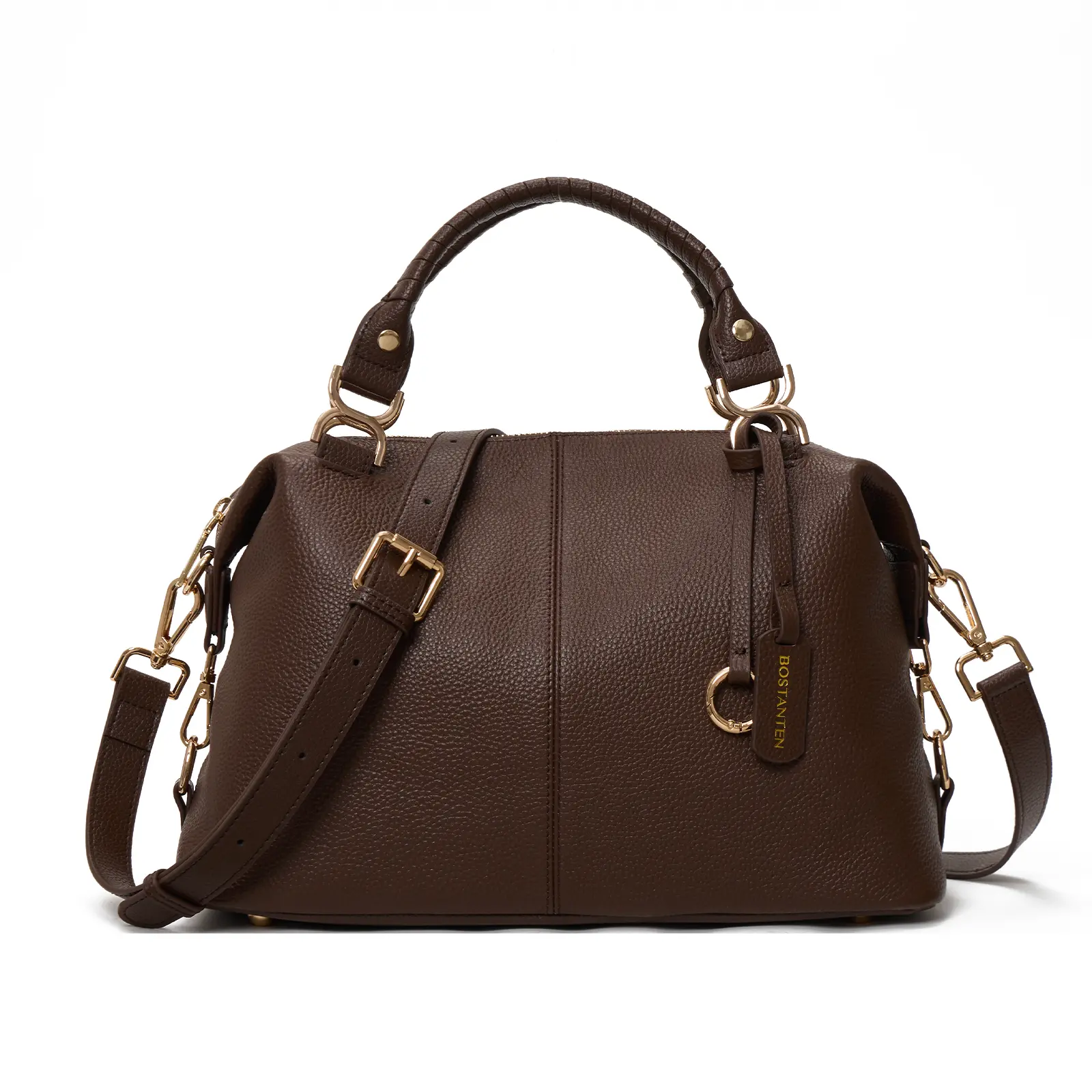 Women's Sandy Genuine Leather Boston Handbag, Daily Use Bag with Multiple Pockets and Zip Closure
