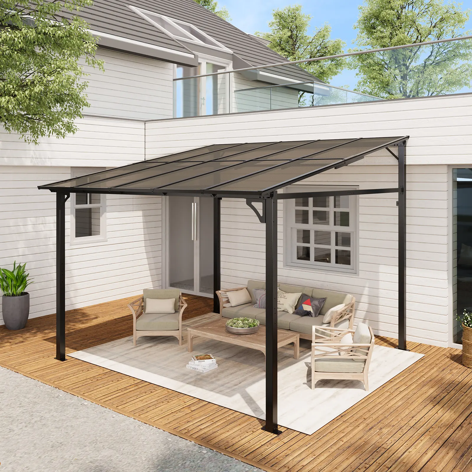 10 x 10 FT Lean to Hardtop Gazebo, 12 x 14 FT Wall Mounted Gazebo Pergola with Sloped Polycarbonate Roof, 12 x 14 FT 4-Pillar Aluminum Frame Outdoor Carport, 12 x 20 FT All-Weather Patio Shade Canopy for Deck Backyard Garden Outdoor Gathering
