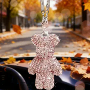 Crystal Car Hanging Ornament for Women,Sparkling Bear Keychain/pendant, Car Key Accessory, Luxurious Style, Dual Buckle Anti-Loss Function, Alloy Rotating Buckle, Leather Chain, Three Colors Available,Girly Car Accessories