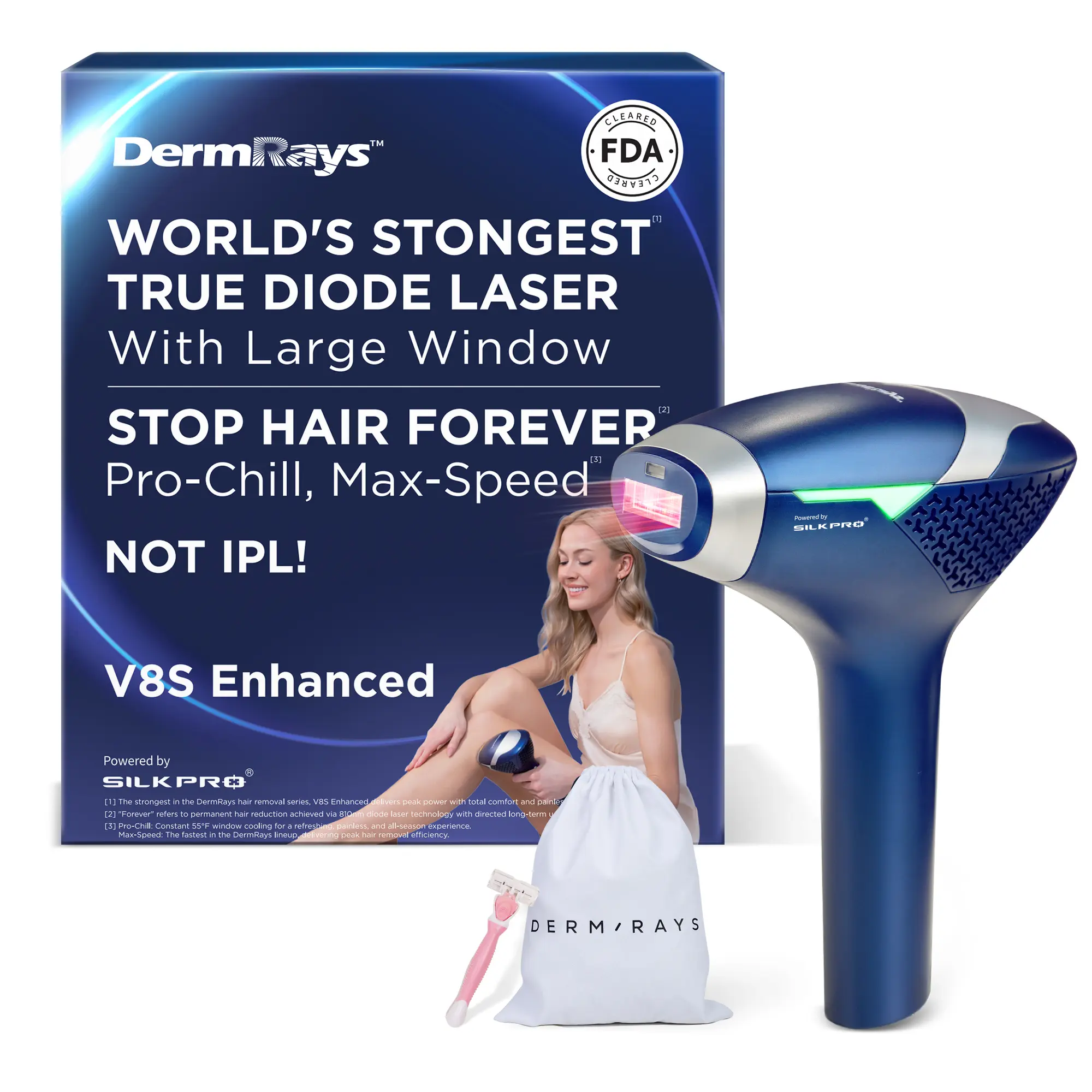 DermRays V8S Enhanced Edition Diode Laser Hair Removal Tool - Pro-Level Cooling, Gentle Precision for Thick Strands, Ideal for At-Home Use