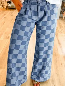 Women's High Waisted Wide Leg Checkerboard Plaid Pants Blue Gingham Check Print Casual Summer Wide Leg Trousers with Pockets