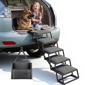Dog Car Steps And Ramp Kit: Five Wide Foldable Steps With Non-Slip Rug Surface, Portable Lightweight Pet Ladder For Cars, SUVs, Trucks, Beds And Sofas, Supports Up To 200 Lbs, Ideal For Large Dogs, Easy To Store