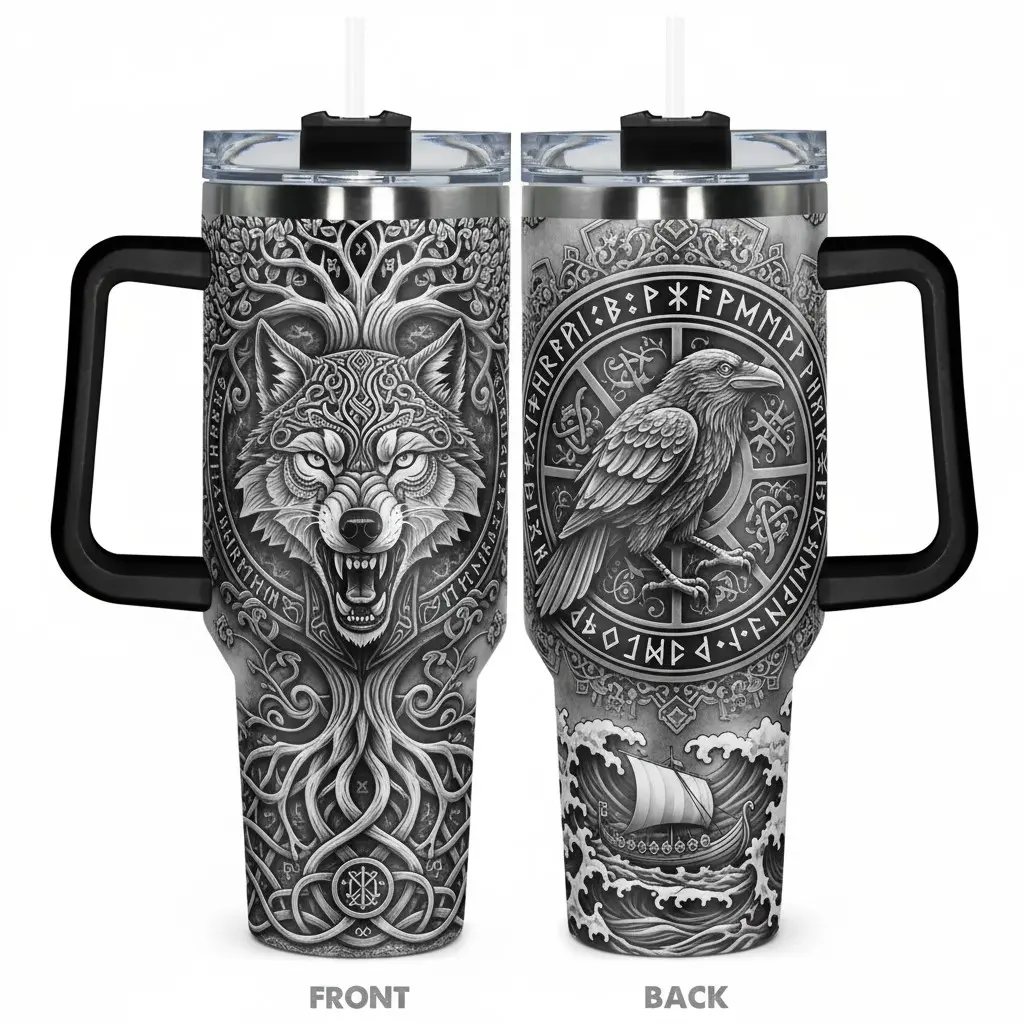 Norse Viking Fenrir Wolf & Odin Raven Insulated 40oz Tumbler - 1.18L Capacity, Keeps Ice 24+ Hours, Adorned with Norse Runes & Viking Longship Artwork - Rugged Travel Mug for Gym, Outdoor Adventures & Sports, Unique Easter & Birthday Gift for Men, Da