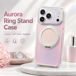 Pink Aurora Gradient 360° Ring Stand Magnetic Phone Case for iPhone 15 Pro –17 Pro Max
