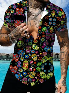 Colorful Skull Print Short Sleeve Shirt, Men's Hawaiian Style Casual Top, Floral Pattern Beach Vacation Wear