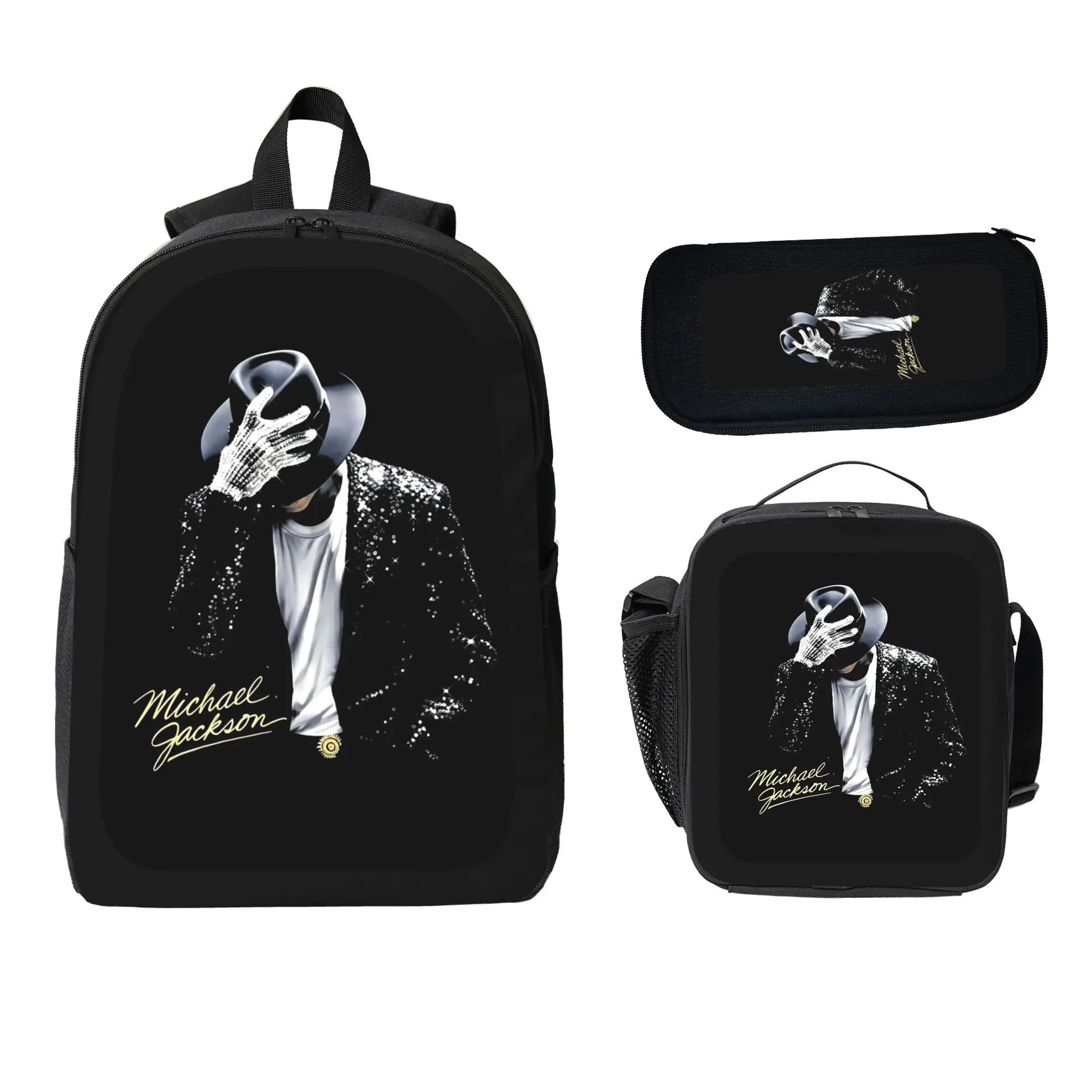 Michael Jackson Celeb Print Backpack Set, 3-Piece Durable Polyester Bookbag with Lunch Bag & Pencil Case, Preppy Casual Zipper Organizer, Lightweight Large Capacity for Students Back to School Travel Gift, Set Pack