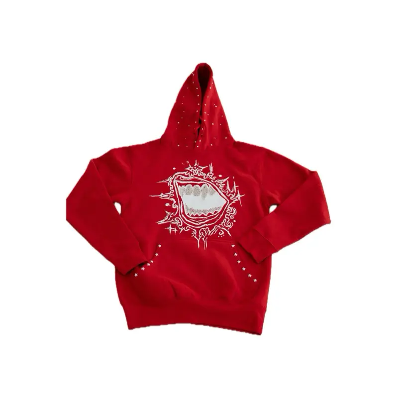 Y2K Hip-Hop Streetwear Fivestarss Rhinestone Fashion Hoodie Cherry Red Loose Fit Casual Style Unisex