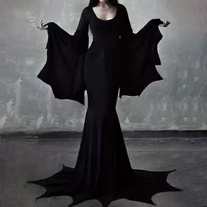 Mrs. Addams Enchanting Darkness Black Gothic Witch Bat Sleeve Dress for Women Vintage Aesthetic Fitted Breathable Fabric Halloween Cosplay Outfit Womenswear Carnival Costume