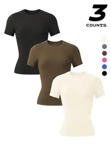 3 PCS  Women's Solid Round Neck Sports Tee, Casual Comfy Breathable Short Sleeve T-shirt for Yoga Gym Workout, Ladies Sportswear for All Seasons, Compression Sports Tee