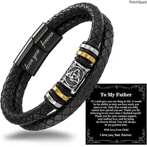 To My Father Celtic Knot Double Layer Leather Bracelet, Engraved Love You Forever Stainless Steel Wristband, Father's Day Birthday Gift From Son Daughter