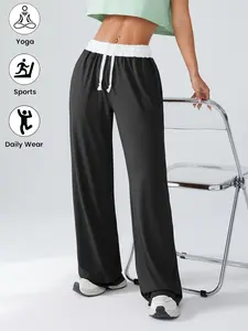 Women's Spring Autumn Casual Wide Leg Pants with Hidden Waist Tie and Color Block Pockets, Loose Fit Long Trousers for Everyday Comfort