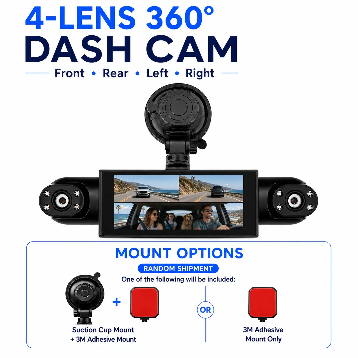 4-Lens 360° Car Dashcam for Cars & Family Use, 1080P Front, Rear & Dual Cabin Recording, IR Night Vision, G-Sensor, Loop Recording, 64GB Memory Card & Batteries Included