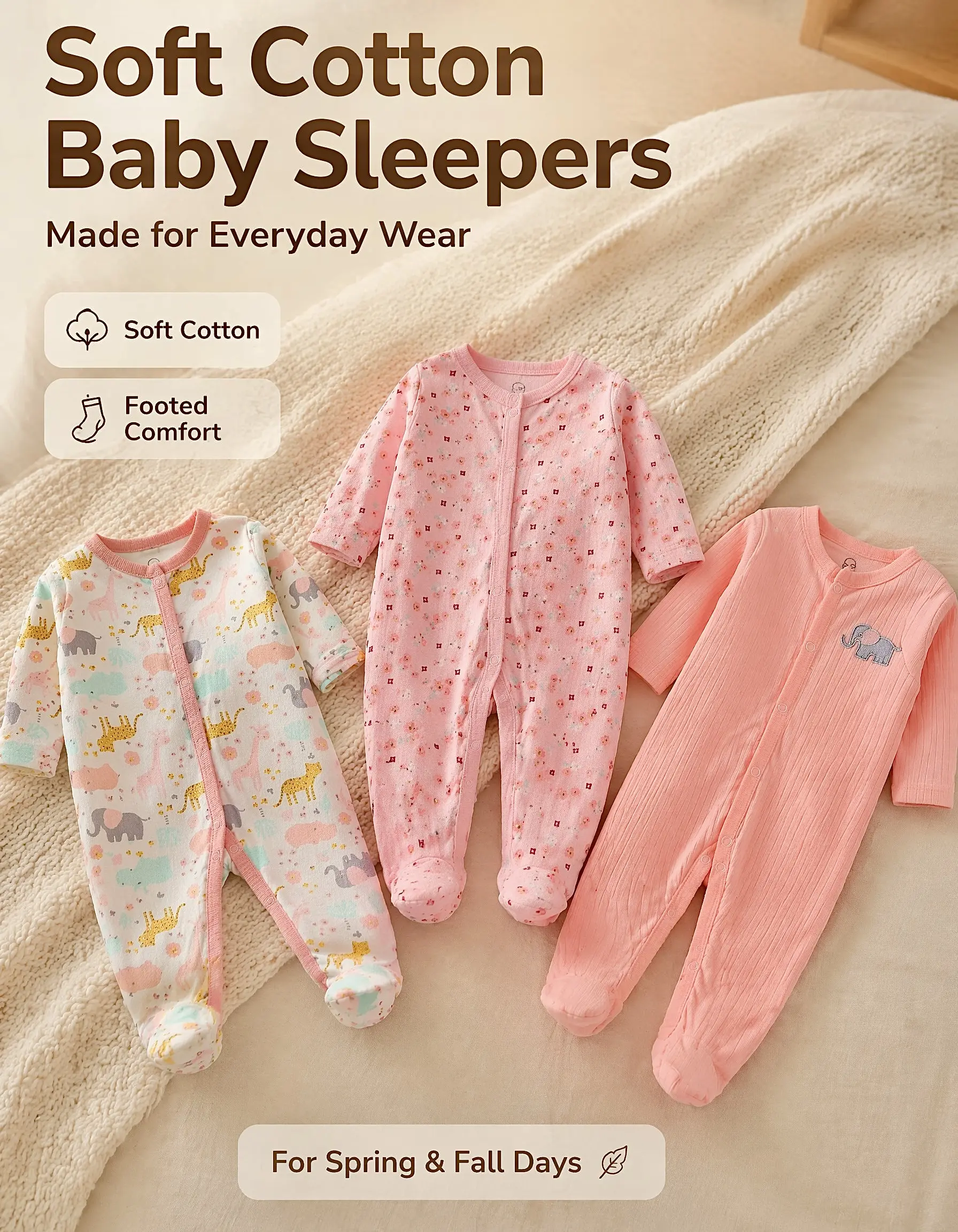 Cute Safari Baby Alert! 3-Pack Pink Footie Set | Soft Cotton Floral Outfits for Baby Girls