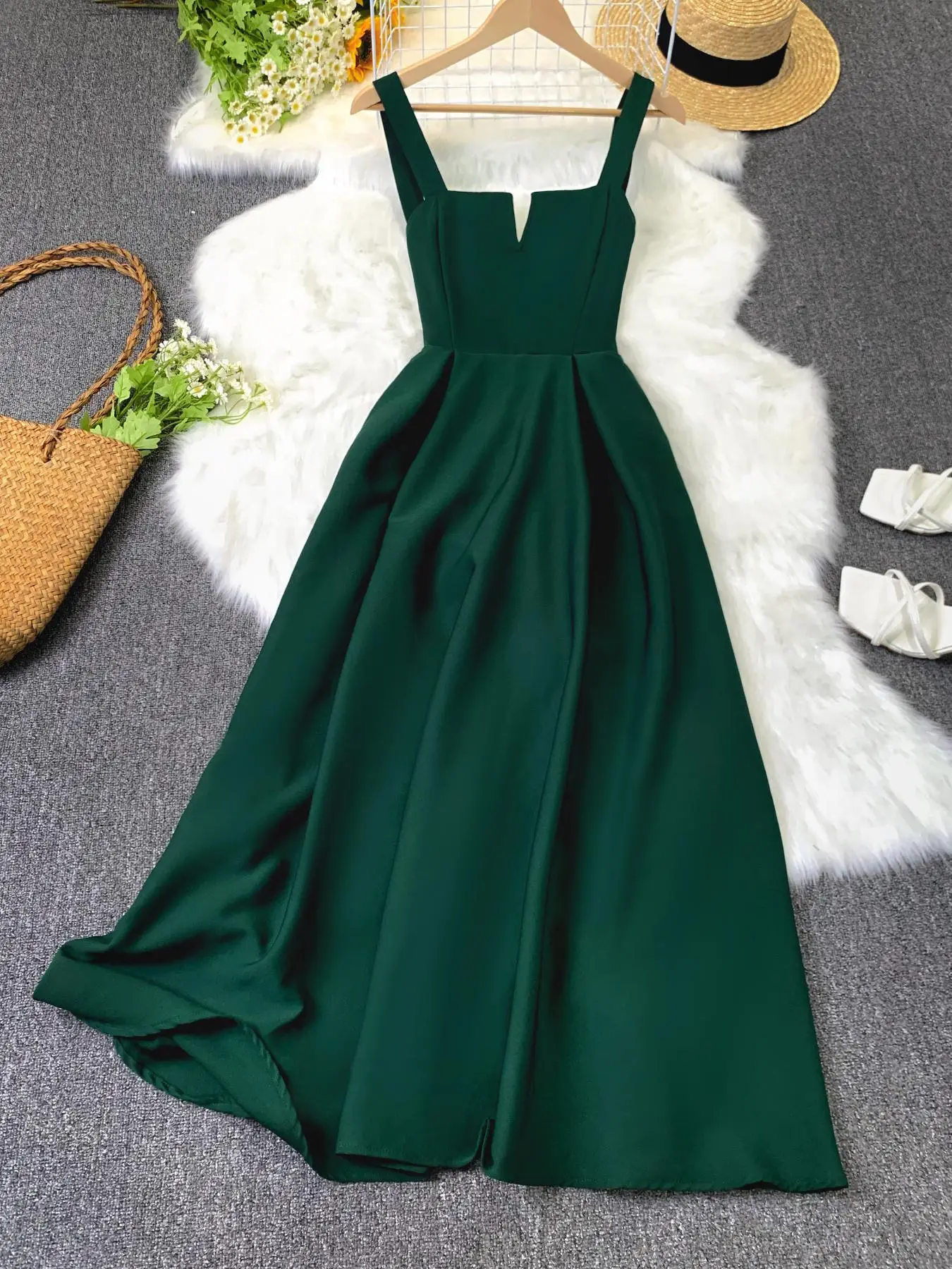 Basic V-cut Lace Up A-line Vintage Cami Dress, Formal Casual Summer Minimalist Comfort Sleeveless Long Dresses for Party, Sundress, Back To School Cas