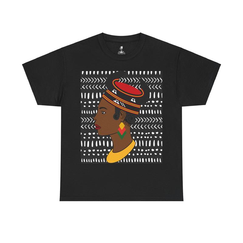 African Lady in Bamenda Bamileke Hat Unisex Tee, Ethnic Mudcloth T-Shirt, Black Boho Shirt, Festival Clothing, Afrocentric Top