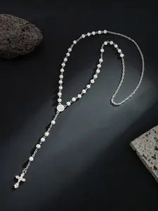 Rhinestone Decorated Beads Necklace with Cross Pendant, Cross Charm Necklace, Dainty Cross Necklace, Fashionable Religious Symbol Necklace for Men & Women, Trendy All-match & Exquisite Jewelry for Birthday Gift