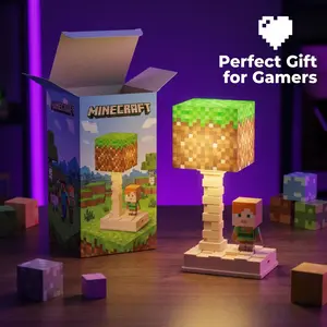 Minecraft Grass Block Shaped Lamp with Villager 3D Design | LED Light Bedside Table Lamp | Essential for Video Game Themed Rooms | Home Decor Accessory