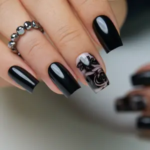 Black Gold Rose Press On Nails | CurvLife Nail | 30Pcs Medium Coffin Fake Nails | Glossy Finish with Streaming Light & Rich Color | Easy to Apply, Comfortable & Long-Lasting | Great for Daily Commutes, Business Meetings, Banquets & Formal Events
