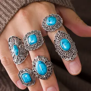 [6pcs Vintage Turquoise Rings] Antique Turquoise Ring | Vintage Blue & Silvery Marbled Stone with Intricate Metalwork Band, European-American Wedding Jewelry, Durable Timeless Design, Wedding Ring, Antique Finish for Women