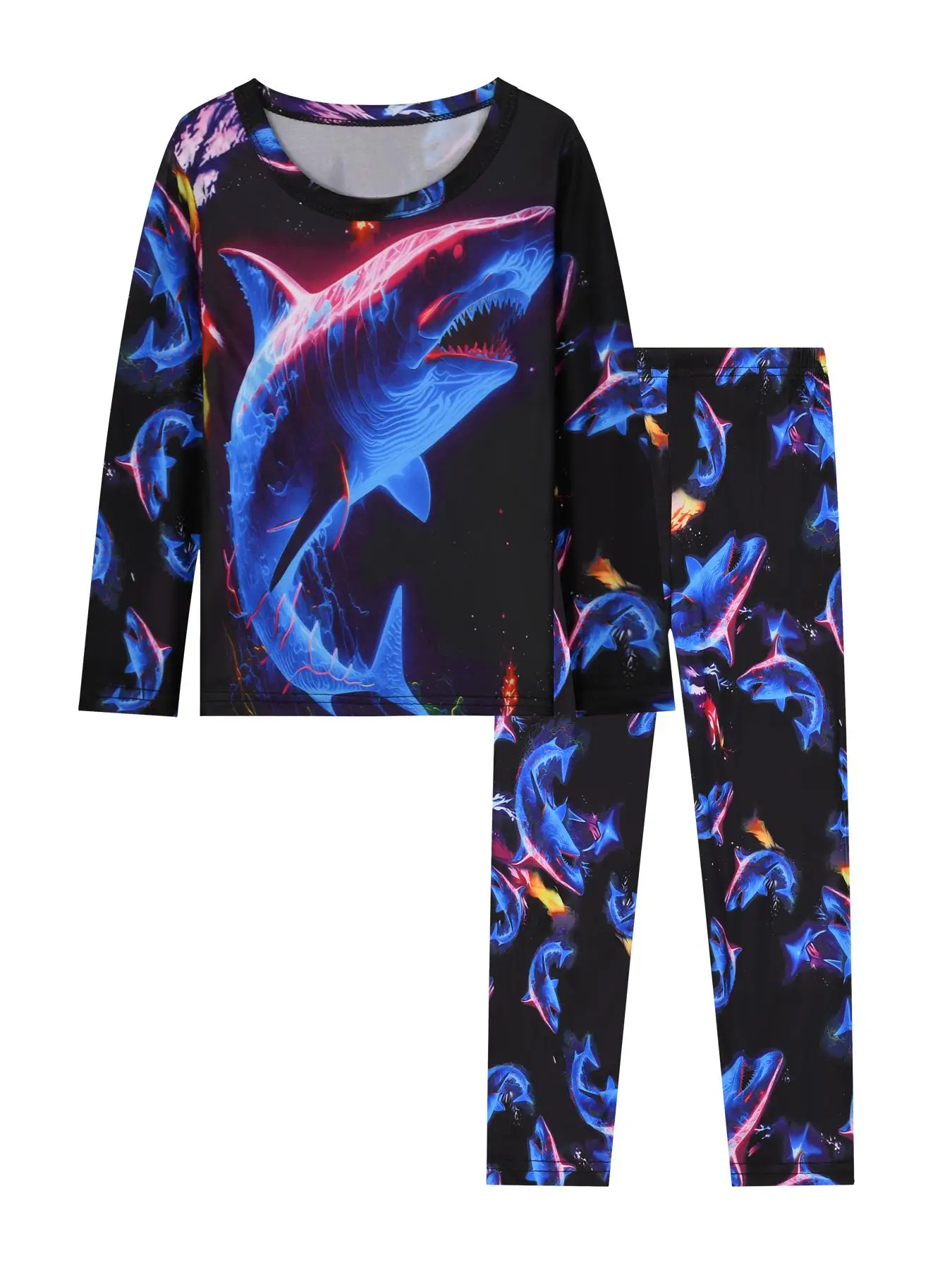 Boys 2-Piece Colorful Shark Print Pajama Set, Long Sleeve Crew Neck and Pants for Home Wear, Casual Comfortable Sleepwear for Fall, Soft Casual Pajama