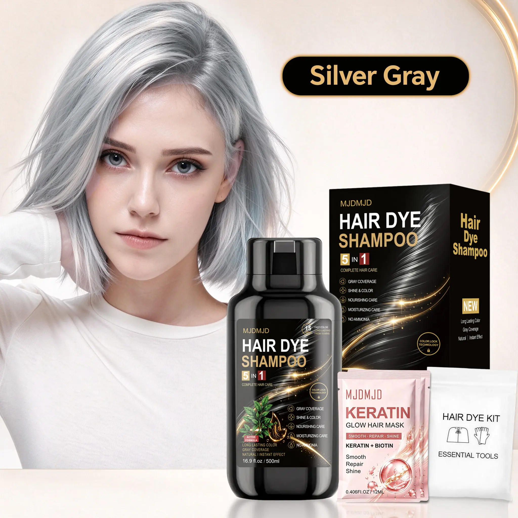 500ml Silver Gray 5-in-1 Hair Color Shampoo, Rich Gray-Covering Dye for Women & Men, Semi-Permanent At-Home Color with Nourishing Care & Conditioning