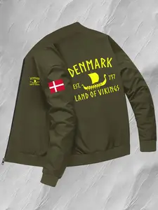 Men's Danish Viking Print Pilot Jacket, Nordic Design, Zip Casual Outerwear, Regular Fit, Winter Fashion