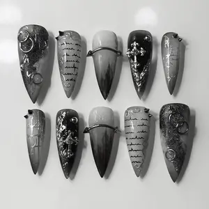Gothic Gray Black Press On Nails | Metal Cross Industrial Dark Set