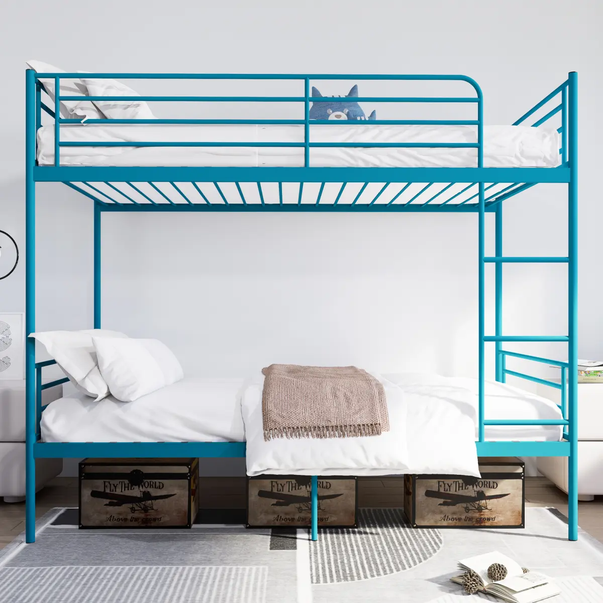 Bunk Bed with Ladder and high Guardrail, Able to Split, Metal Bunk Bed, Storage Space, Noise Free,Twin Over Twin Size,Blue